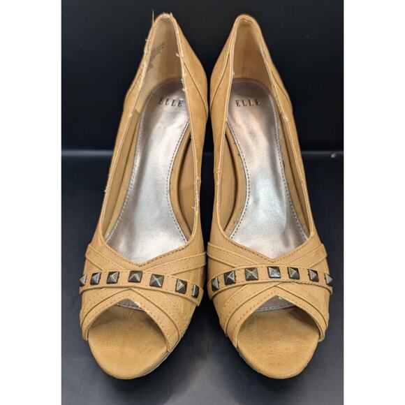 Elle Women's Ali Camel Tan Studded Open Toe Leather 4 inch Heels US Size 7 - Picture 1 of 4